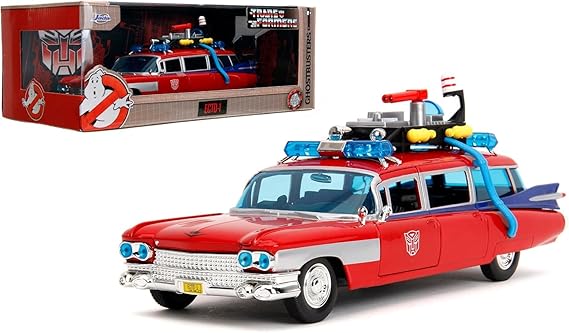 Jada Toys Transformers X Ghostbusters ECTO-1 Die-Cast Metal Model Car, 1:24 Scale, Red-white