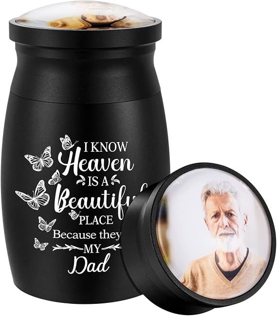 Dletay Customized Photo Small Urns for Human Ashes for Dad Aluminium Small Keepsake Urn Butterflies Mini Cremation Urns for Ashes Memorial Ashes Keepsake-Black (DT-ALU-BTF-DAD-BLK2-PH)
