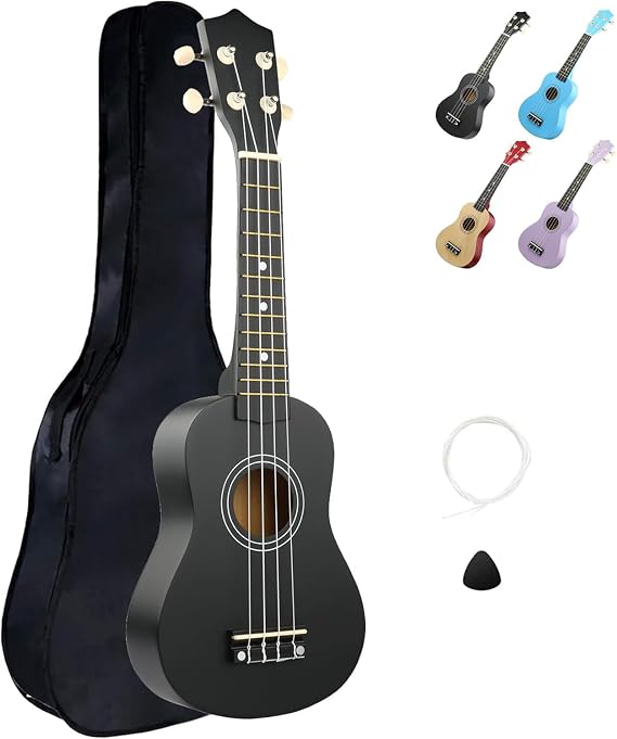 LXS Soprano Ukulele Ukulele for Beginners - 21" Small Guitar Ukulele with Gig Bag, Standby String, Picks and Primary Tutorial (Black)