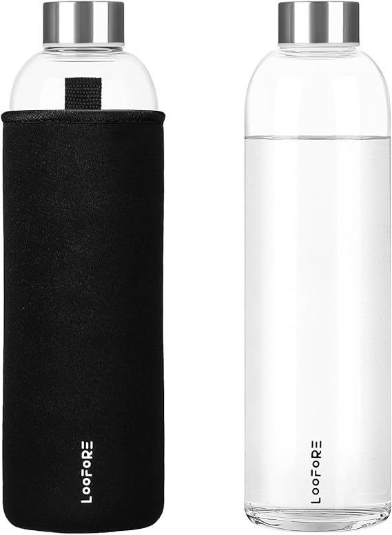 Glass Water Bottle 1000ml 1L with Neoprene Sleeve, 1 Pack