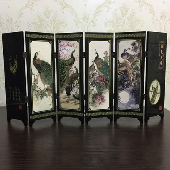 Exquisite Art Craft Gift Souvenir Home Decor,Wooden 6-Panel Peacock Screen Room Divider Folding Partition Gift Desktop Decor - Black