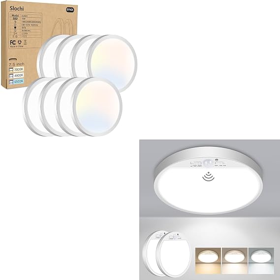 Slochi 2PACK 12INCH & 8PACK 7.5INCH Motion Light, LED Flush Mount Ceiling Light, PIR Hardwired, 3000K-4000K-6500K, 100W Equivalent for Bathroom, Laundry, Bedroom, Hallway