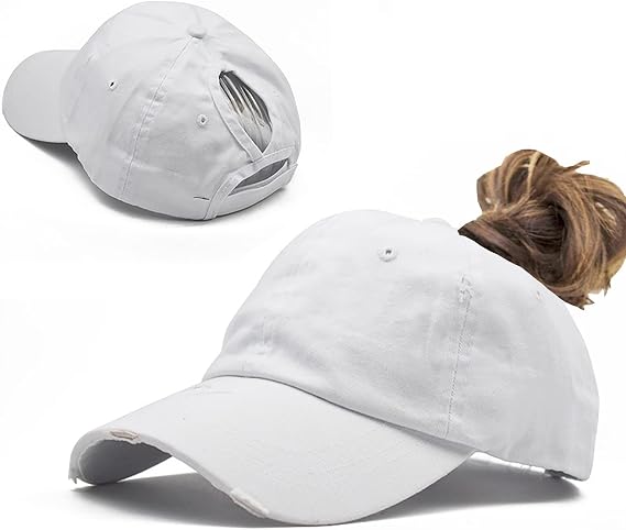 Women Distressed Ponytail Baseball-Hat Cotton Adjustable Baseball-Cap | High Ponytail Distressed Baseball Cap, Washed CottonHole Back Baseball Hat Women