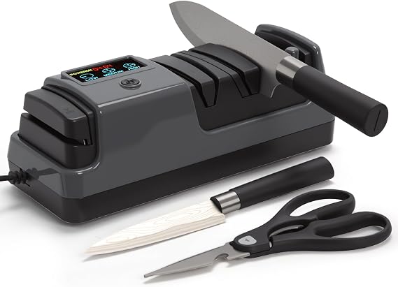 Electric Knife Sharpener for Kitchen, 3-Stage, LCD Screen | 100% Diamond Abrasive, 3-speed adjustable, Precision Angle Guides, Use for Straight-Edge & Serrated Knives and Scissors, Gray
