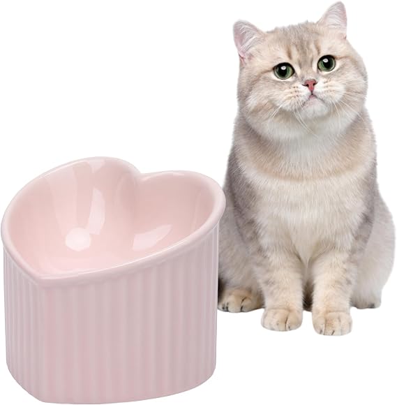Heart Shaper Ceramic Elevated Cat Bowls, Raised Cat Bowls Anti Vomit Stress Free Water Food Feeder Microwave Safe Pet Accessories for Small Cats Dogs(Pink)