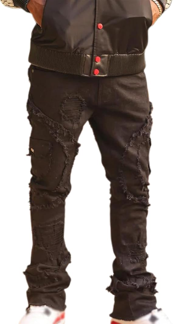 Mens Stacked Jeans Slim Fit Ripped Jeans Y2K Skinny Flared Destroyed Denim Pants Goth Harajuku Emo Hip Hop Jeans