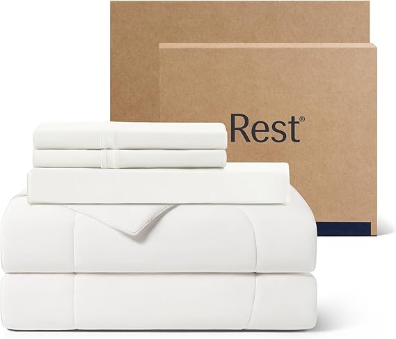 REST Evercool+ Cooling Comforter Set for Hot Sleepers, 4PC, Full | 1 Comforter + 1 Fitted Sheet + 2 IONIC+ Silver Pillowcases, Cool-to-Touch for Night Sweats, Deep Pocket, Wrinkle-Free