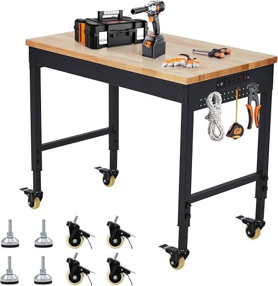 48" X 24" Work Benches for Garage, Adjustable Height Workbench, with Power Outlet, Heavy Duty Rolling Work Table, 2000 LBS,for Workshops