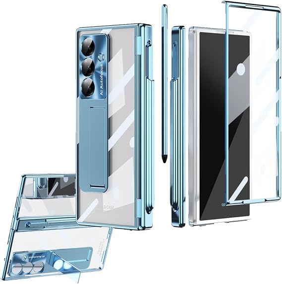 Z Fold 7/6/5 Case Electroplating for Samsung Galaxy Z Fold 8 7 5 4 3 5G with Built-in Glass Screen Protector, One Pen, Hinge Protection, Alloy Camera Protect Case Cover (Fold 7,Blue)