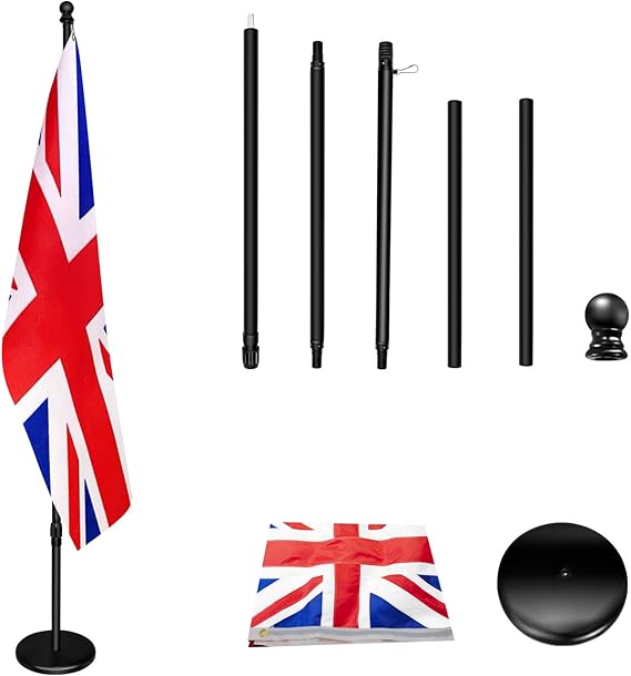 Indoor Flagpole with Base,200cm-252cm Raised and Lowered to Adjust the Height,The Base adds Weight, Flagpoles Rotate 360 Degrees, 90x150cm UK Flag. Suitable for Office, Auditorium, School.