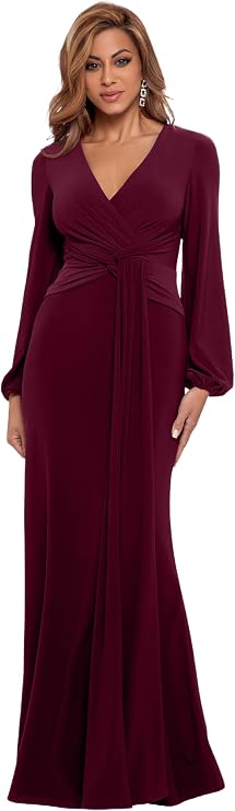 Betsy & Adam Women's Betsy & Adam Women's Floor-Length, Long Sleeve, Front Knotted, Gown (Petite)