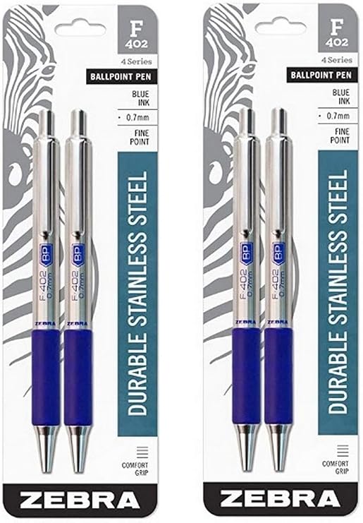 (2) Zebra F-402 Ballpoint Stainless Steel Retractable Pen, Fine Point, 0.7mm, Blue Ink, 2-Count (29222)