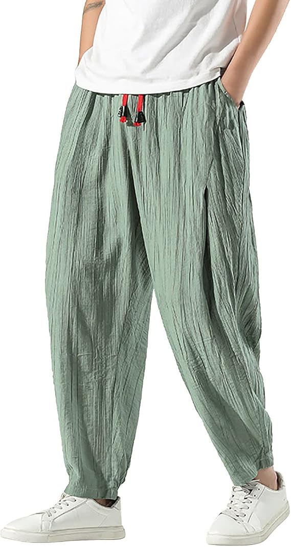 Mens Baggy Cotton Trousers Casual Summer Yoga Beach Lounge Drawstring Wide Leg Harem Pants with Pockets Breathable Loose Fit Straight Bloomers Hippy Sweatpants Big and Tall Jogging Bottoms