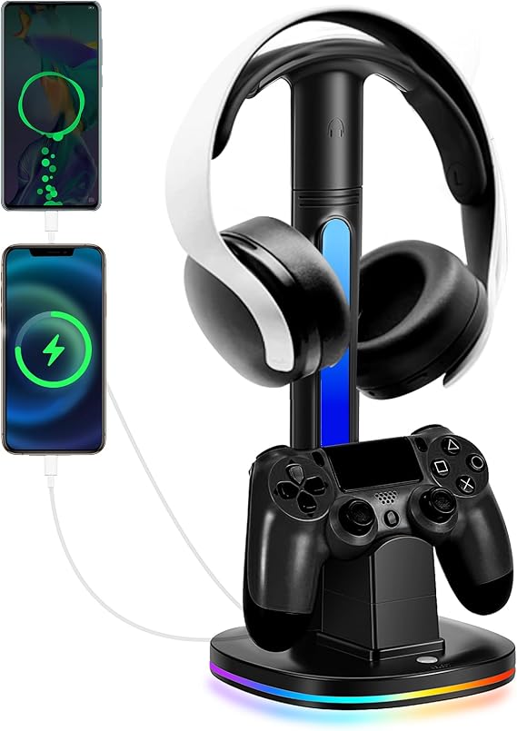 PS4 Controller Charger with RGB Headphone Stand, JDGPOKOO PS4 Controller Charger Dock Station with 2 USB Charging Ports, Headset Stand for PlayStation 4 Charging Station, Black