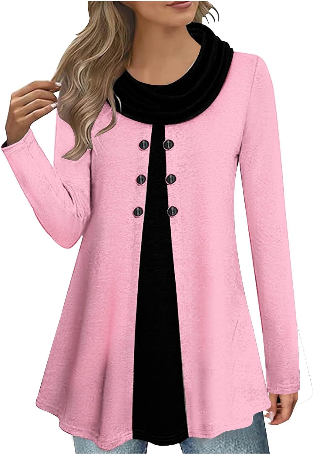 Cowl Neck Tops for Women Plus Size Button Down Blouse Casual Trendy Tops Solid Color Tunic Tops Fall Winter Tops