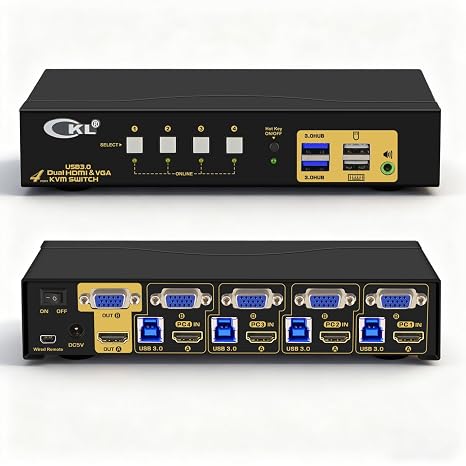 KVM Switch Dual Monitor HDMI 4K@60Hz + VGA (2 Monitors 4 Computers 942HV-3) for Home and Office to Console Desktops/Laptops, Support USB 3.0, Hot Key, Audio, Wireless Keyboard and Mouse