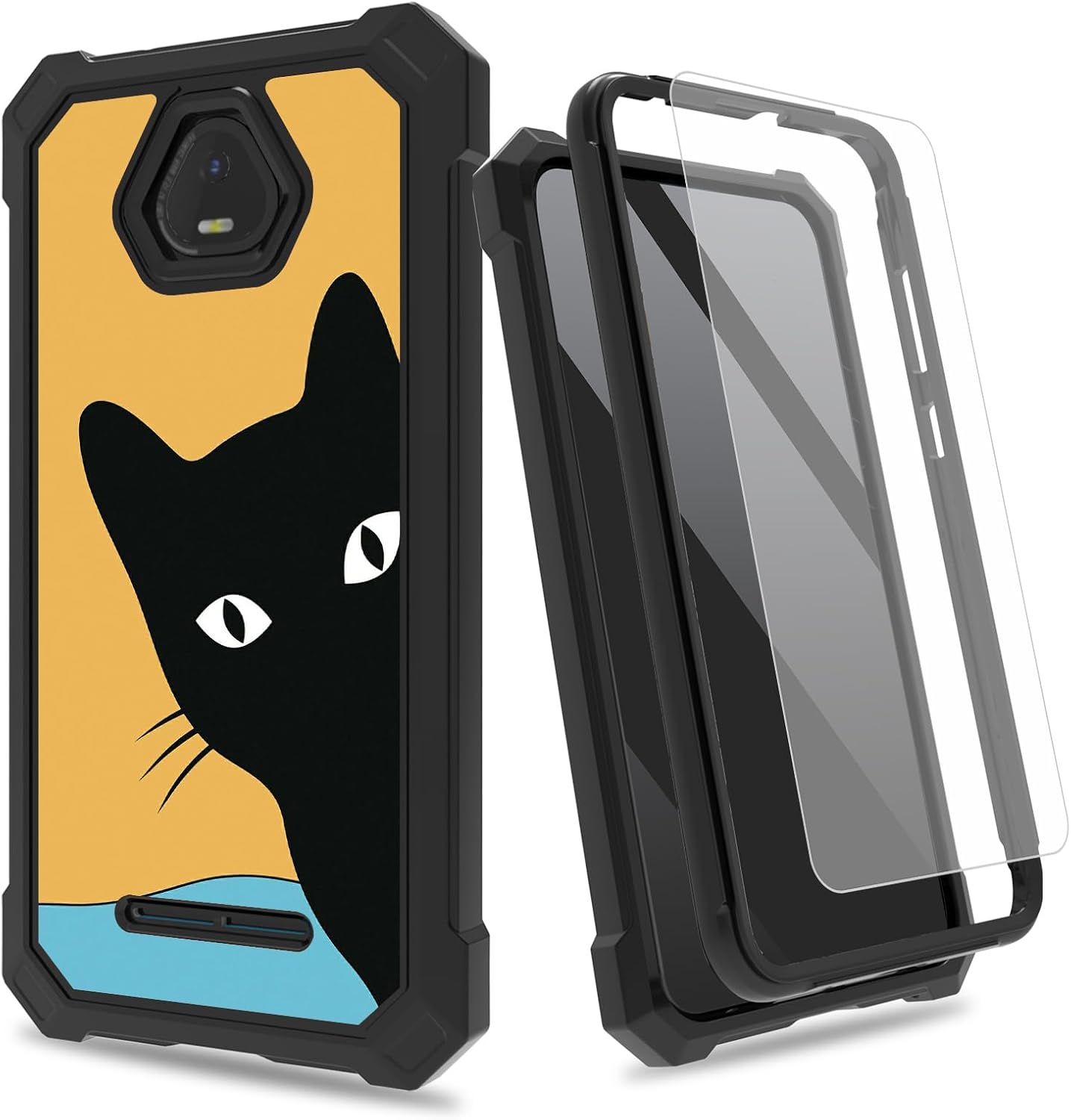 for Schok Volt SV55 Case wTempered Glass Screen Protector, 2 Layers Rugged Shockproof PC Frame  Soft Silicone Bumper Phone Case for Schok Volt SV55 SV55216, Black Cat