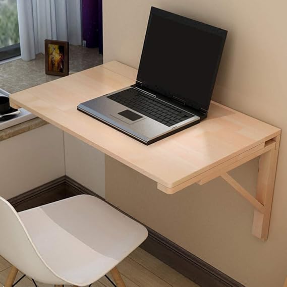 Wall Mounted Collapsible Solid Wood Table, Simple Floating Folding Laptop Desk Space Saving Hanging Table for Study, Bedroom, Bathroom or Balcony