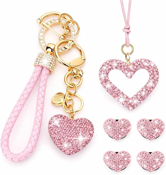 Pink Car Accessories for Women, 6 Pcs Bling Rhinestone Heart Car Decor Set with Wristlet Keychain, 4 Air Vent Clips and Rear View Mirror Hanging Charm, Cute Car Interior Accessories for Women Girls