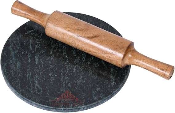 Green Marble Chakla Belan Set, 9 Inch Rolling Board with Wooden Rolling Pin for Roti, Chapati, Tortilla, Pizza Dough, Pie Crust & Flatbread