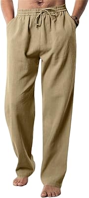 evzosrz Mens Casual Linen Pants Loose Fit Straight-Legs Stretchy Waist Hip Hop Beach Yoga Lounge Trousers with Pockets
