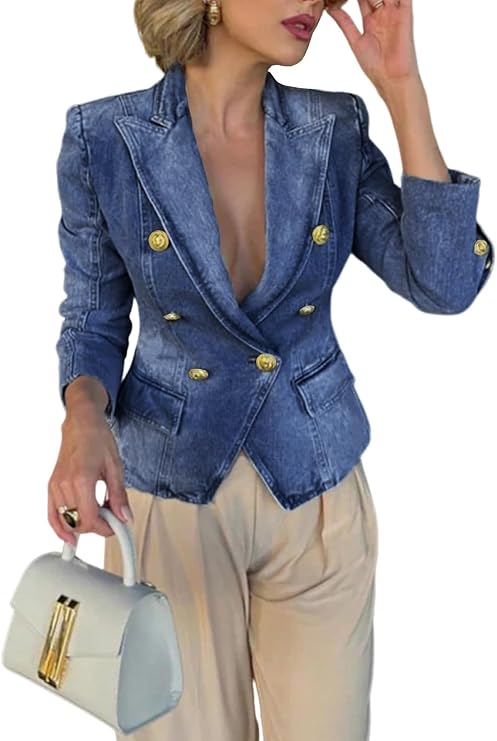 Women's Trendy Stretchy Slim Fit Denim Blazer Jackets for Business Casual
