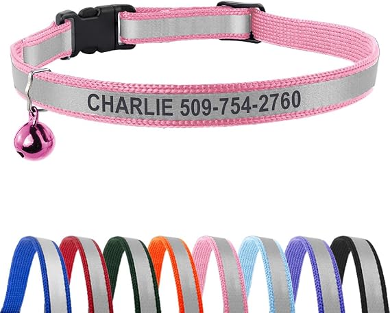 GoTags Personalized Reflective Cat Collars, Engraved Custom Cat Collar | Name and Phone Identification, Breakaway Collar with Safety Release Buckle and Bell, Adjustable for Cats and Kitten, (Pink)