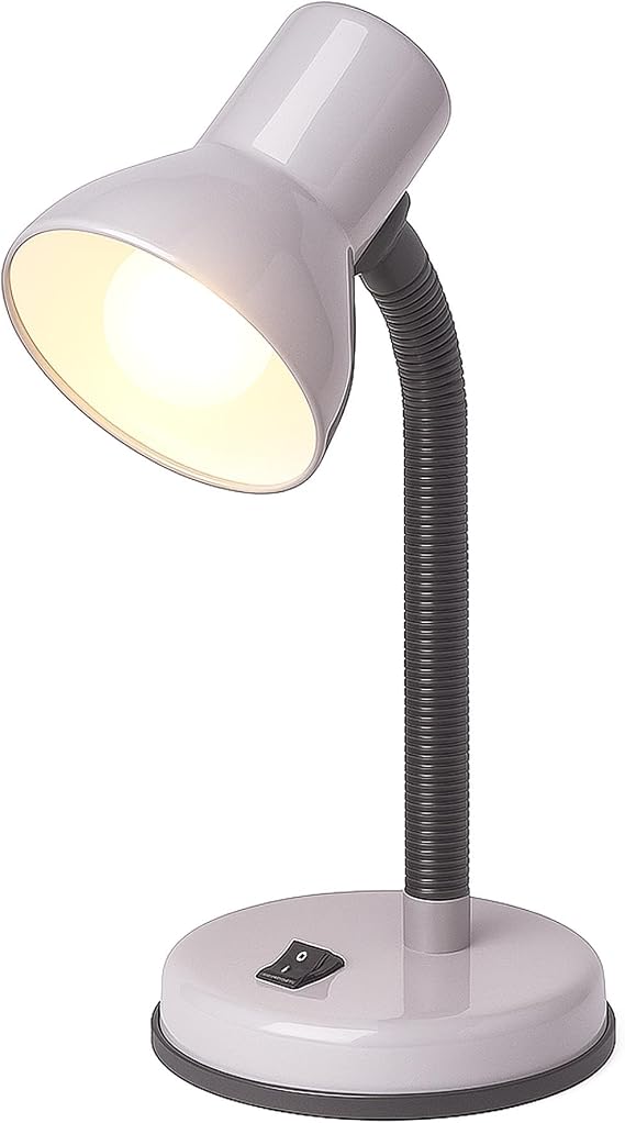 Innoteck 25W Adjustable Desk Lamp with Flexible Arm E27 Silver | Metal table lamp with E27 bulb base, mains powered for study, reading, office, bedside & home workspace.