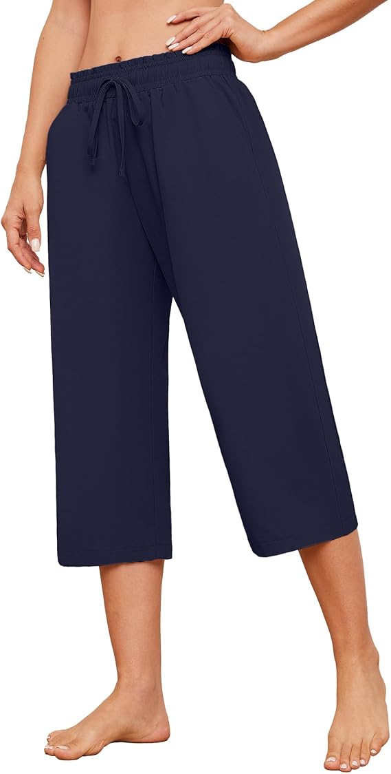 Larmliss Womens Capri Pants Loose Wide Leg Drawstring Elastic Waist Casual Lounge Cropped Pants with Pockets Navy Blue, 3X-Large