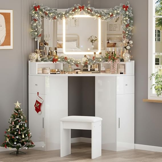 Corner Dressing Table with LED lights,Vanity Table with 2 Drawers and Stool, Makeup Desk with 3-Panel Mirror and Storage, Adjustable 3Colors and Brightness Vanities Desk for Bedroom (White)