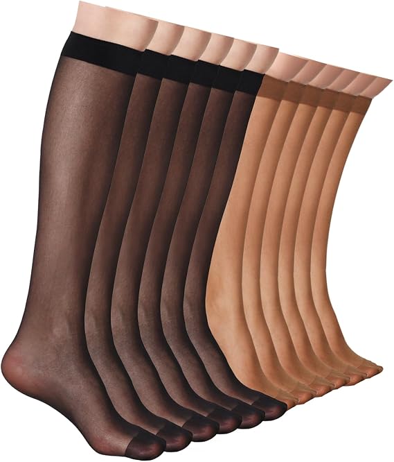 12 Pack Knee High Stockings for Women 20 Denier Sheer Nylon Socks