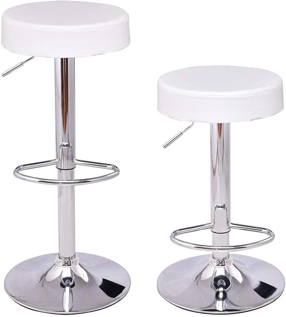 Casart Swivel Bar Stool Round PU Leather Height Adjustable Chair Pub Stool w/Chrome Footrest (White)