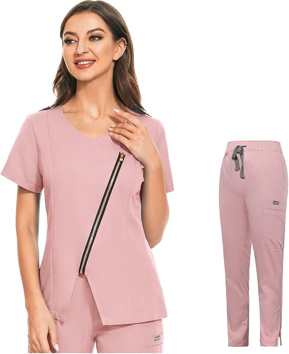 VIAOLI Women's Solid Stretch Medical Uniform Scrub Set V Neck Top Cargo Tapered Jogger Multi-Pocket Pants Clearance Suit (Pink,XS,X-Small)