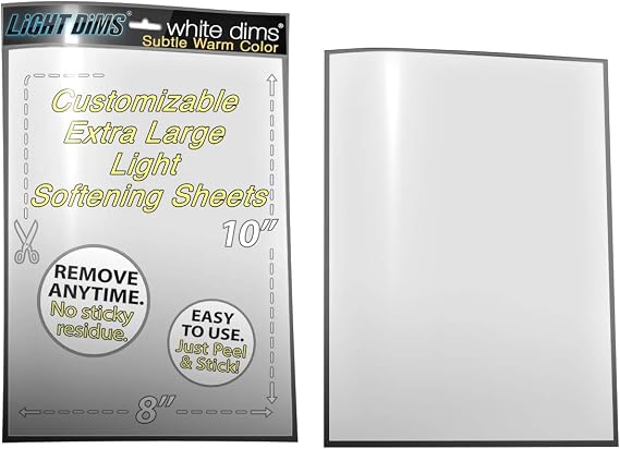 LightDims White Dims Self Adhesive Dimming/Softening Sheets for Harsh LED Lights 8"x10.5" Size (2 Sheets) Subtle Warm Color & a Free Mystery Gift Sheet (3 Sheets Total). Packaging May Vary