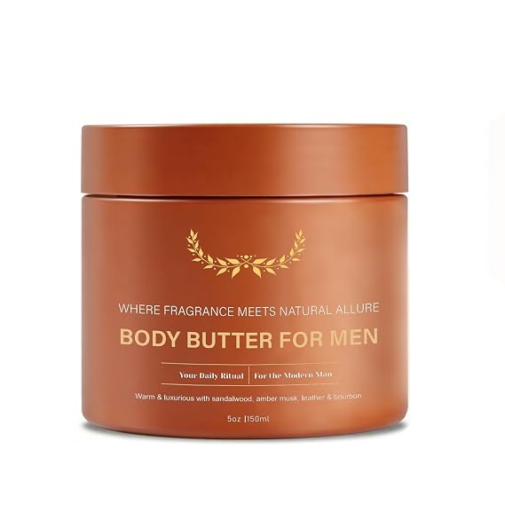 Men's Body Butter, Non-Greasy Shea/Mango Moisturizer, Woody Scent 5 oz