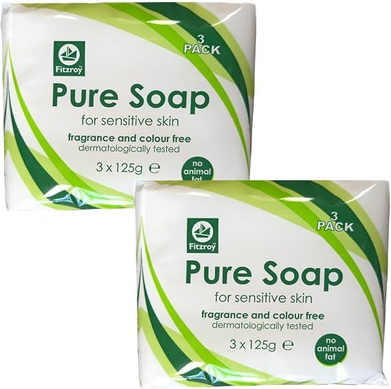 Fitzroy Pure Soap 6 x 125g | For Sensitive Skin | Fragrance Free & Colour Free | Hand, Face & Body Wash | Mens & Womens Cleansing Bath Bar | Vegetarian Friendly | Dermatologically Tested