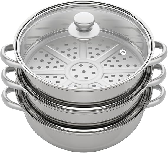 3-Tier Induction Steamer Pot, 28cm/11inch Stainless Steel Multipurpose Vegetable Steamer Food Pot with Lid for Corn, Dumpling, Stock, Sauce
