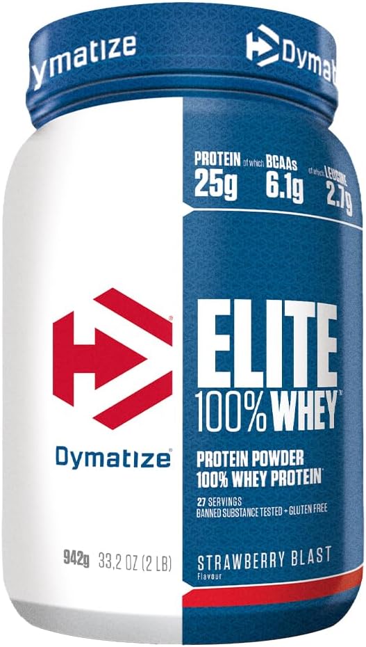 Dymatize Elite 100 Percent Whey Strawberry Blast 942g - High Protein Low Sugar Powder + Whey Protein and BCAAs