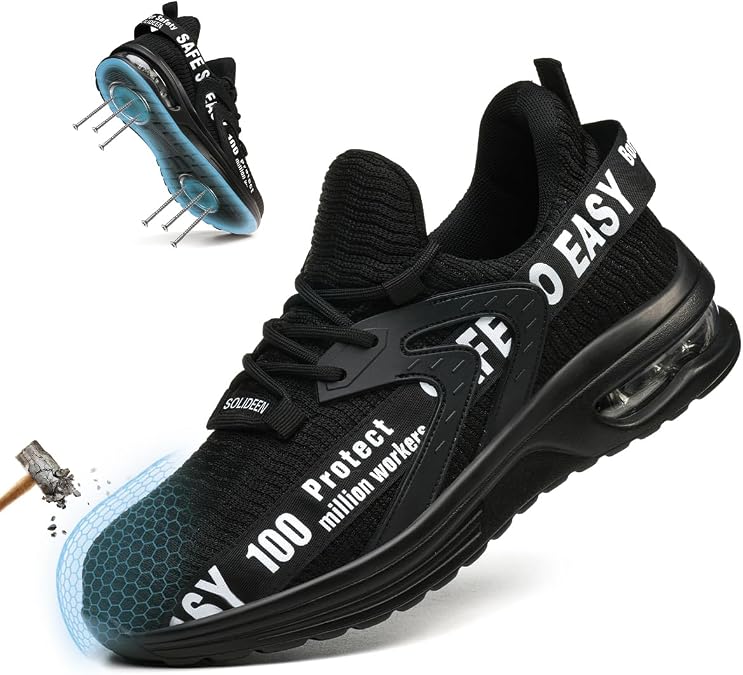 Steel Toe Shoes for Men Women,Comfortable Breathable Safety Sneakers Industrial Non Slip Safety Work Shoes Black