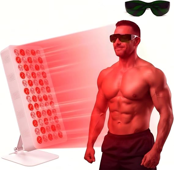 Red Light Panel with 60Pcs Dual Chips LEDs, 660nm & 850nm Near-Infrared Red Light Lamps for Body and Face, 10/20/30min Timer, 5 Brightness for Home Office & Gym (White) [Energy Class A]