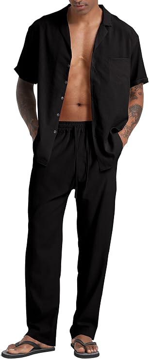 Men's Beach Clothes 2 Piece Outfits Linen Shirts Pants Sets Summer