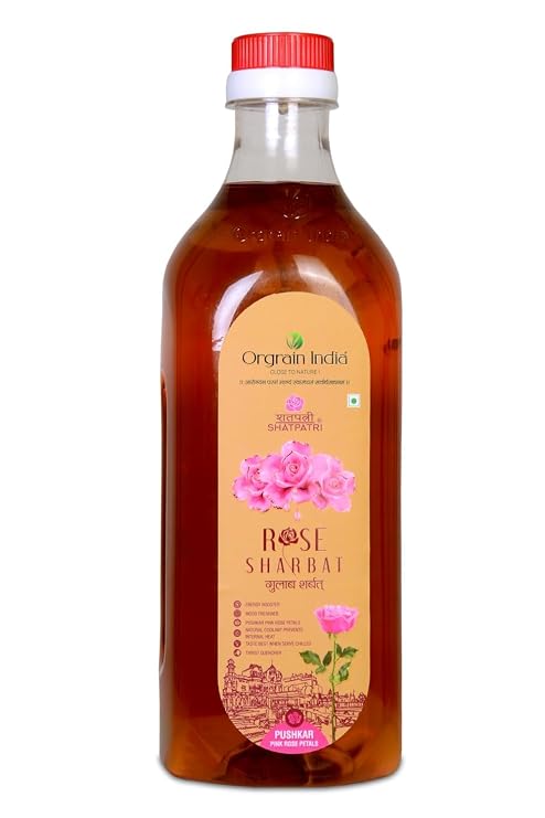 Orgrain India Pushkar Raj Rose (Gulab) Sharbat, 33.8 fl oz, With Pink Rose Petals | Mix with Water, Milk, Ice Creams, Faloodas, Mock Tails, Desserts & Sweets