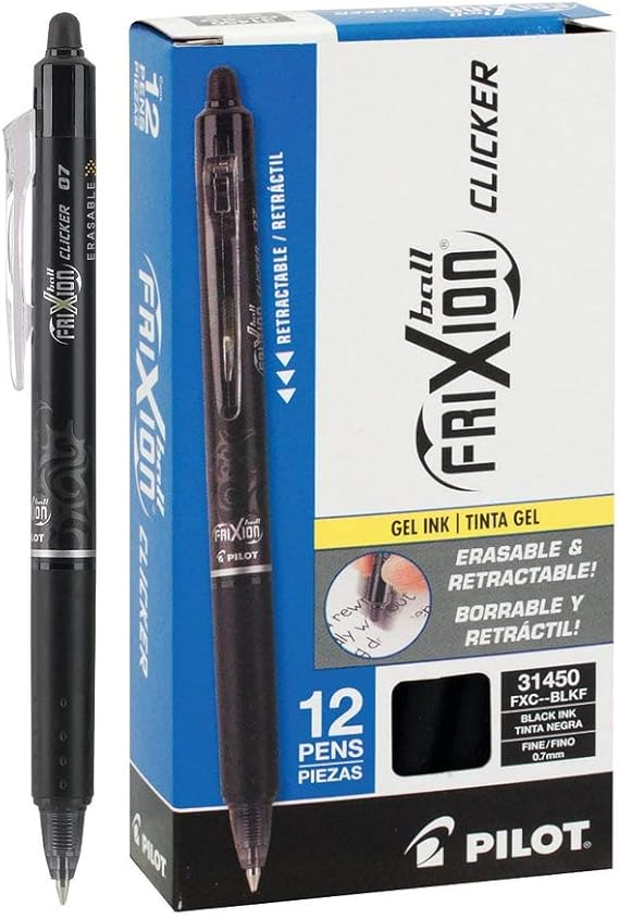 Pilot FriXion Ball Clicker Retractable Erasable Gel Pen, Fine Point, 0.7mm, Black Ink, 12 Count