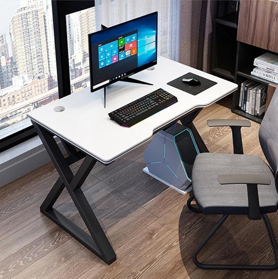Bestier I-Shaped Gaming Desk, Computer Desk, X-Shaped Gaming Table, Gamer Workstation with Large Mouse Pad for Heavy Duty Metal and Wood Computer Desk for Gaming and Office, White, 1-