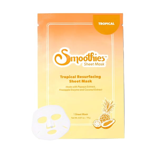Smoothies Tropical Glow Resurfacing Sheet Mask, Exfoliating & Brightening Face Mask with Glycolic Acid, Lactic Acid, PHA, Papaya & Pineapple Enzymes, Korean Skincare, Fragrance Free, 1 Count