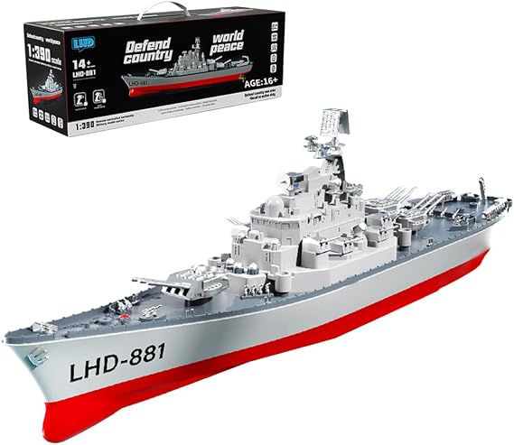 MasterBrickPlay RC Electric Battleship Model, LHD-881 1/390 2.4G RC Electric High-Frequency Twin-Engine Battleship Model, RC Racing Boat for Birthday for Adults - RTR Version