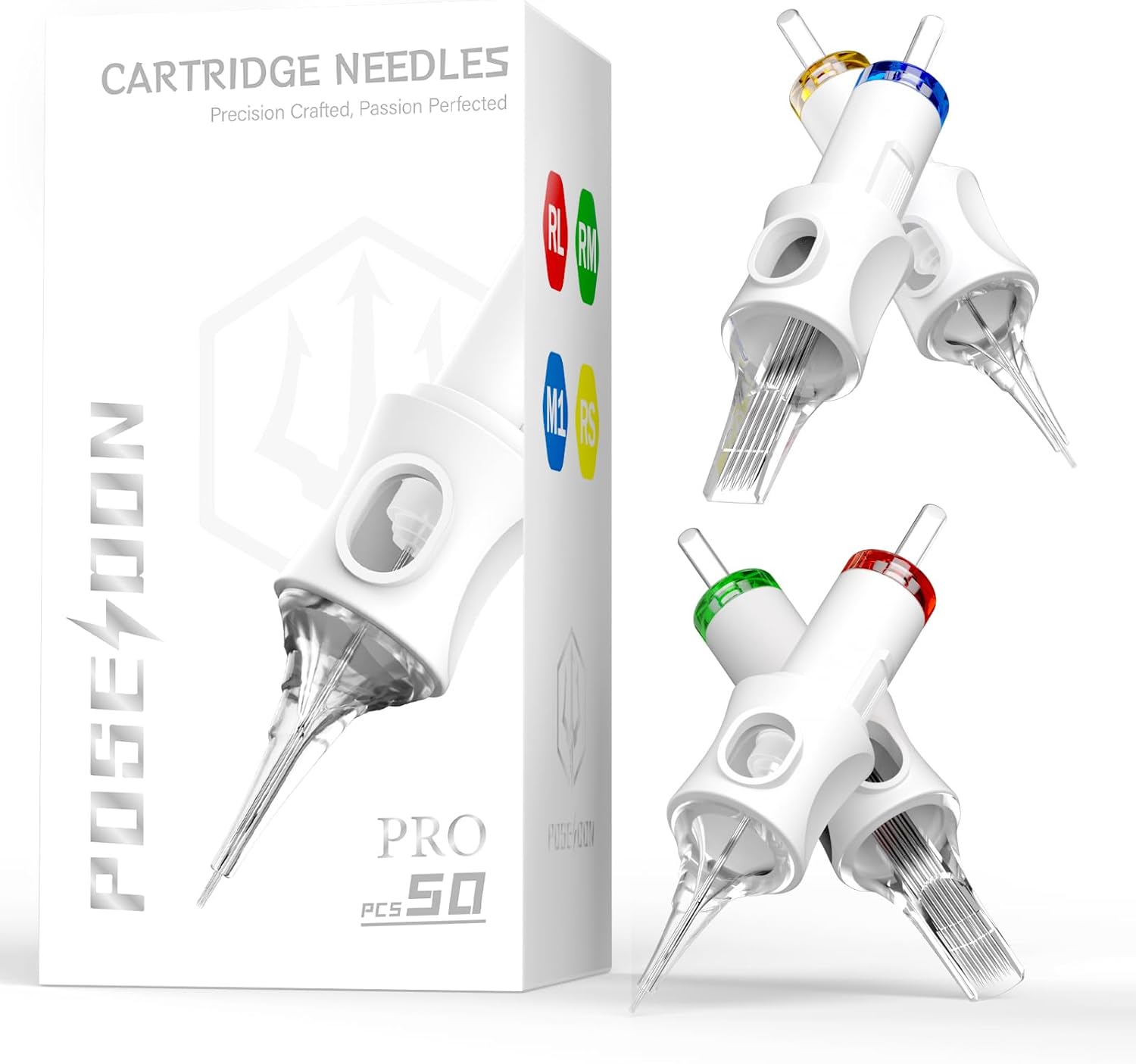 POSEIDON Professional Tattoo Cartridges Needles 50-Pack, Assorted Sizes Round Liner Shader Magnum, 3RL/5RL/7RL/9RL/9RM/11RM/15RM/7M1(#10), 5RS/9RS(#12), Disposable Needles with Membrane, Universal Fit