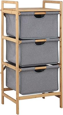 Bamboo Laundry Basket Tower - 3-Tier Bathroom Dresser with Pull-Out Fabric Baskets