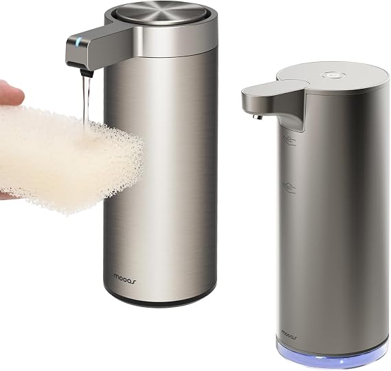 Mooas Metal Automatic Soap Dispenser Bundle Liquid & Foaming Touchless Automatic Soap Dispensers, Stainless Steel, Rechargeable, Adjustable Levels, IPX5 Waterproof for Bathroom & Kitchen