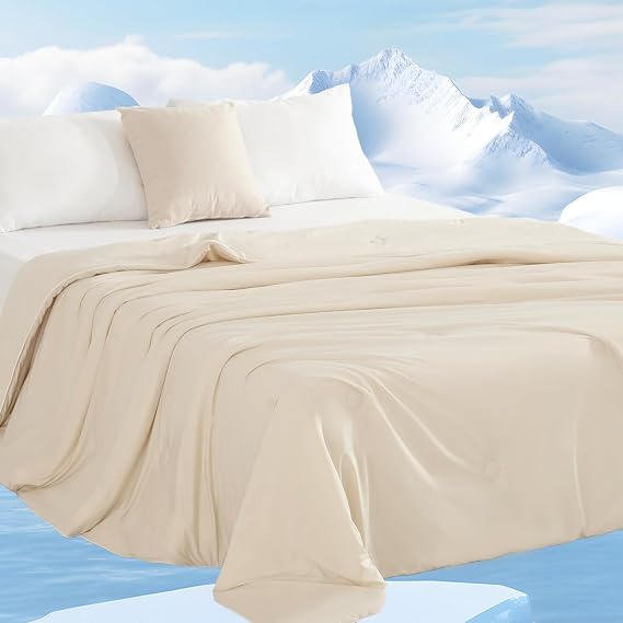 VKLIVING Cooling Comforter King Size, Summer Cooling Blanket for Hot Sleepers, Light Comforter, Q-Max>0.55, Silky Double Sided Breathable Ice Blanket, Outlast Filling, Beige, 90x108